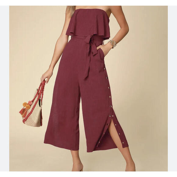 LULUS burgundy sleeveless draped wide leg jumpsuit - Picture 1 of 5